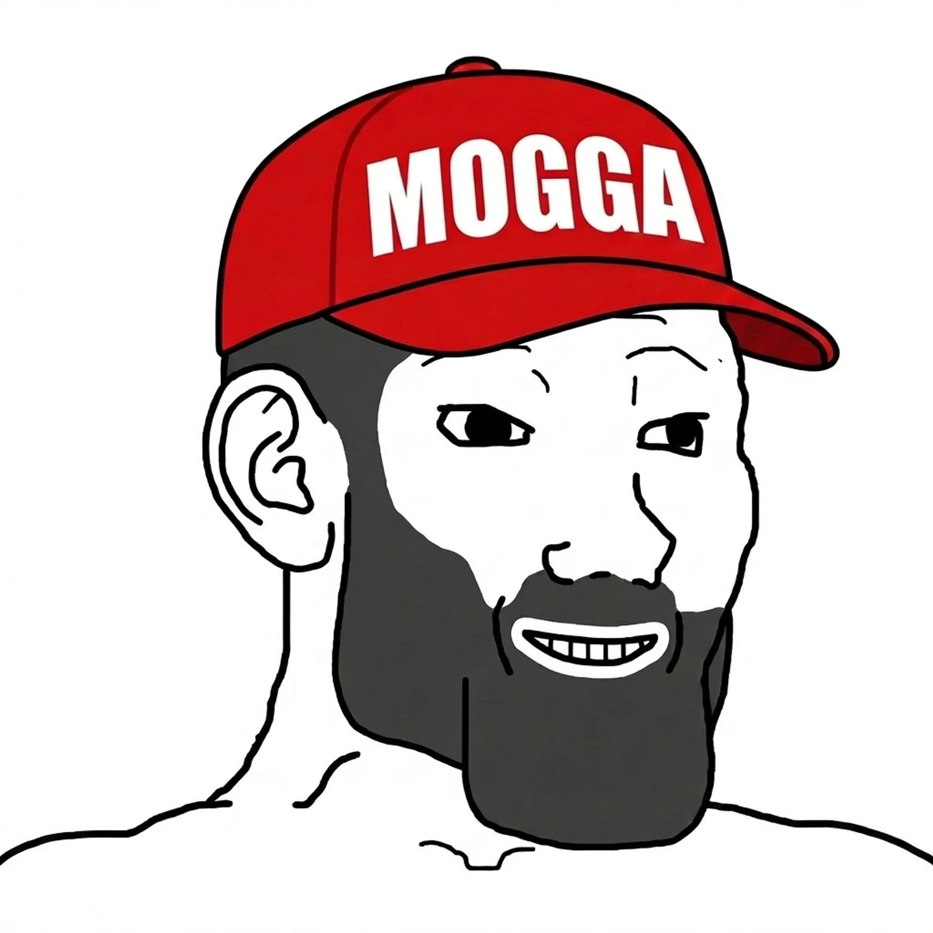 MOGGA wojak — chad with red MOGGA cap and black beard
